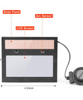 Auto Darkening Welding Lens Replacement for Helmet with Solar Powered Shade, showing solar panel and arc sensor details.