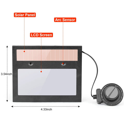 Auto Darkening Welding Lens Replacement for Helmet with Solar Powered Shade, showing solar panel and arc sensor details.
