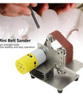 Mini Electric Belt Sander, Compact Handheld DIY Polisher, Sharpener & Grinder For Wood Sanding, showing a close-up of the motor and sanding belt.