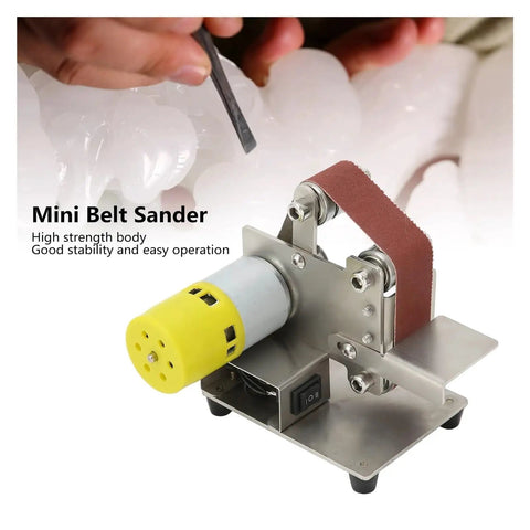 Mini Electric Belt Sander, Compact Handheld DIY Polisher, Sharpener & Grinder For Wood Sanding, showing a close-up of the motor and sanding belt.