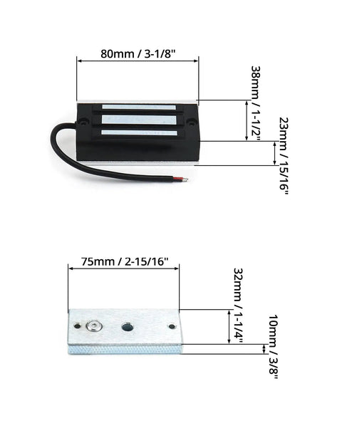 Tough As Nails Electric Magnetic Lock Two Pack showing dimensions of locks and hardware for secure door installation.
