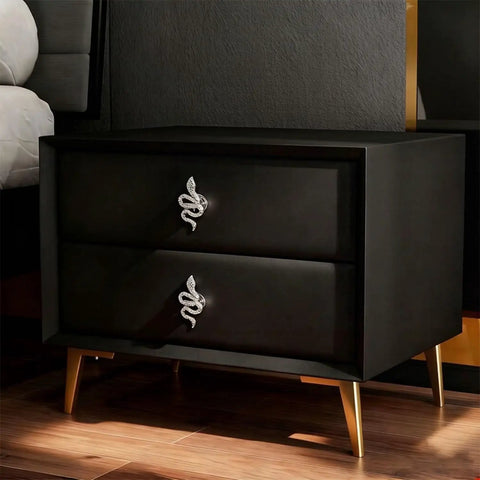 Black nightstand with snake shaped cabinet knob set 4 pcs in zinc alloy silver finish slick serpent drawer pulls.
