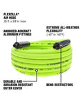 Zero Hassle All Day Grind Air Hose 3/8 X 35 Foot Heavy Duty Flexible Hybrid Polymer with aluminum fittings coiled up.