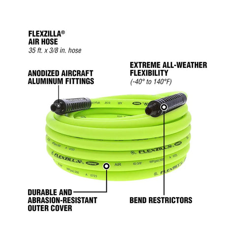 Zero Hassle All Day Grind Air Hose 3/8 X 35 Foot Heavy Duty Flexible Hybrid Polymer with aluminum fittings coiled up.