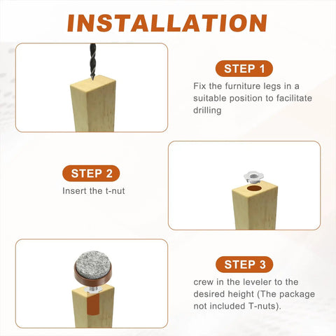 Installation steps for 12 Pack Black Adjustable Furniture Levelers M6 Screw In Pads With Felt Base, showing drilling and T-nut insertion.