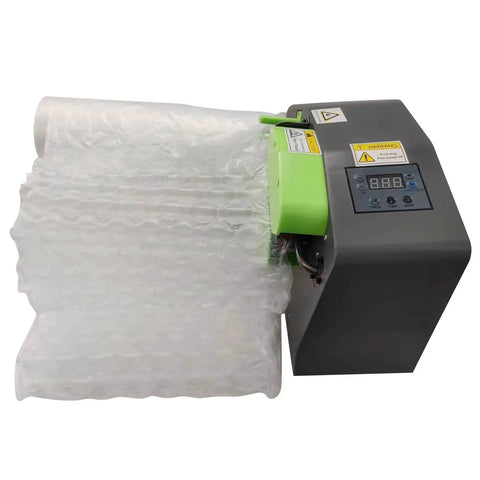Compact Air Pillow Maker Machine creating bubble cushions, adjustable airflow, designed for 16 inch rolls, plug and play system