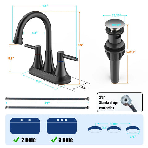 Matte Black Bathroom Sink Faucet With 360 Degree Swivel Spout 2 Handle Centerset Design Lead Free Stainless Steel Build Pop Up Drain And Included Supply Hoses Anti Fingerprint Finish For Easy Clean No Drip measurements and components.