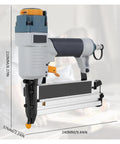 Oil Free Pneumatic Staple Gun And Air Nailer With Slick Depth Adjustment Non Slip Handle And Pro Driver Set Built Tight For Job Site Hustle And Daily Trade Work 16 18 Gauge Brad side view showing dimensions and design.
