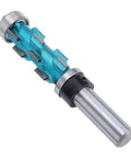 Premium Spiral Flush Trim Router Bit With Double Bearings, Carbide Cutter For Smooth Woodworking And Precise Edge Trimming, 1/2 Inch Shank 3/4 Inch Diameter, Perfect DIY Tool angle view showing double bearings and carbide cutter.
