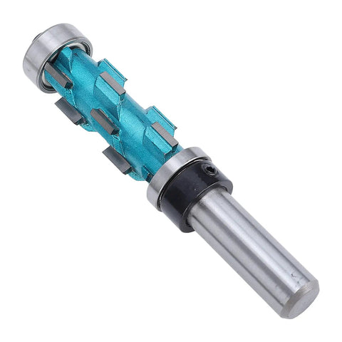 Premium Spiral Flush Trim Router Bit With Double Bearings, Carbide Cutter For Smooth Woodworking And Precise Edge Trimming, 1/2 Inch Shank 3/4 Inch Diameter, Perfect DIY Tool angle view showing double bearings and carbide cutter.