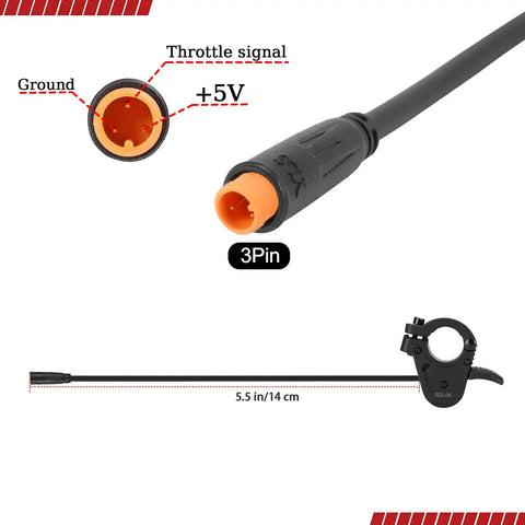300X Thumb Throttle For Ebike Scooter And Electric Trike Universal 3 Pin Waterproof Connector Fits 24V 36V 48V 60V 72V Left Or Right Handlebar Easy Install No Grip Removal, 5.5 in cable