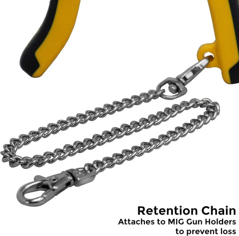 Deluxe MIG Welding Pliers And Pro Grade Workhorse Tool Kit retention chain attached to yellow ergonomic grip