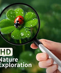 Close-up of a ladybug on a leaf through 10X 30X Handheld Magnifying Glass For Reading And Close Work With 110mm PMMA Lens Lightweight ABS Frame Large Magnifier For Kids And Seniors Ideal For Stamps Coins Jewelry And Science Hobbies And Arts