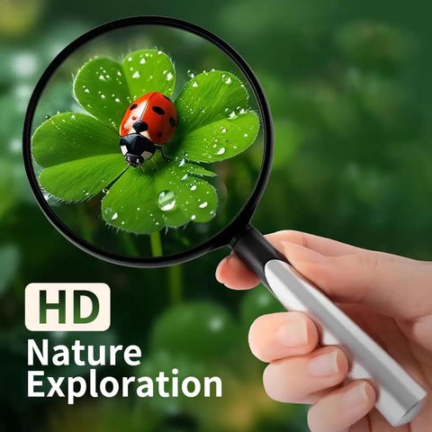 Close-up of a ladybug on a leaf through 10X 30X Handheld Magnifying Glass For Reading And Close Work With 110mm PMMA Lens Lightweight ABS Frame Large Magnifier For Kids And Seniors Ideal For Stamps Coins Jewelry And Science Hobbies And Arts