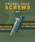 Pocket Hole Screws Kit 300 Pieces, zinc plated and blue coated screws for indoor and outdoor projects, green background.