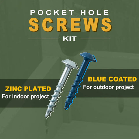 Pocket Hole Screws Kit 300 Pieces, zinc plated and blue coated screws for indoor and outdoor projects, green background.