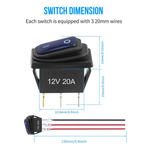 Dimensions of 12V Waterproof Rocker Switch Five Pack with Three 20 CM Detachable Wires SPST Three Pin On Off Toggle Snap In Square Design