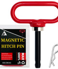 Magnetic Hitch Pin For Trailers And Mowers One Half Inch Heavy Duty Gate Pin With Strong Magnet For Lawn Tractors ATVs And Cargo Towing Simple One Handed Hook On Off Red next to packaging and cotter pin.