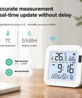 Smart Temperature And Humidity Monitor With Large Backlit LCD Screen displaying real-time data on tabletop