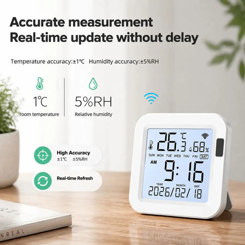 Smart Temperature And Humidity Monitor With Large Backlit LCD Screen displaying real-time data on tabletop