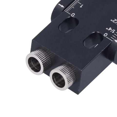 Detailed view of Bulletproof Aluminum Pocket Hole Jig With Dead On 15 Degree Angle Guide and inch metric scale for precise drilling.