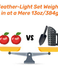 Image of a scale comparing apples and All In One Beach Shovel And Sand Sifter Set For Shelling, Shark Tooth Hunting, Treasure Digging And Metal Detecting, Lightweight Plastic Sand Scoop For Kids And Adults, Beach Day Ready, Black, showing 13oz weight.
