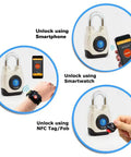 4Th Gen Outdoor Smart Padlock With Bluetooth And NFC, Weatherproof And Rugged For Commercial Use, shown unlocking via phone, watch, NFC.