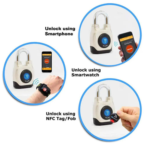 4Th Gen Outdoor Smart Padlock With Bluetooth And NFC, Weatherproof And Rugged For Commercial Use, shown unlocking via phone, watch, NFC.