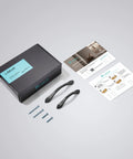 Six Pack Matte Black Cabinet Pulls 7.5 Inch Hole Center Cabinet Handles with screws and packaging for home renovation.