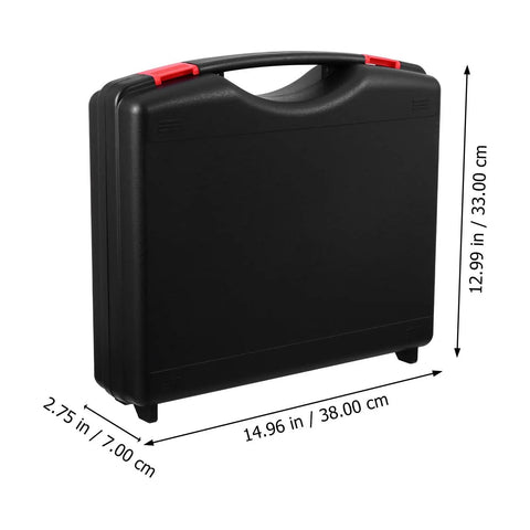 Heavy Duty Portable Plastic Toolbox With Reinforced Grip Handle Massive Multipurpose Storage Organizer For Quick Trades, black toolbox side view with dimensions.