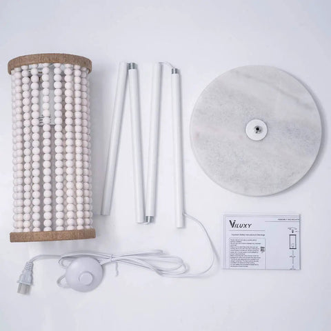 Boho Chic Floor Lamp With White Wood Beaded Shade For Bedroom, Living Room, And Girl Room disassembled parts layout.