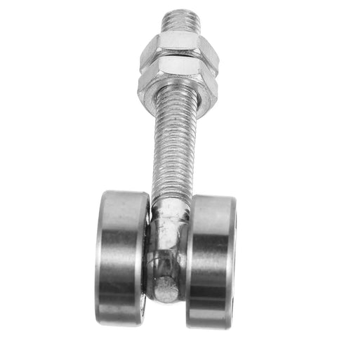 4Pcs Heavy Duty Sliding Door Rollers With Double Wheel Pulley Bearings Built Tough For Smooth And Silent Operation Sturdy Steel Construction Easy Install For Patio Doors And Large Windows Glides Like A Dream While Handling Heavy Loads Without Skipping A Close-up view of a steel sliding door roller with double wheels and threaded bolt.