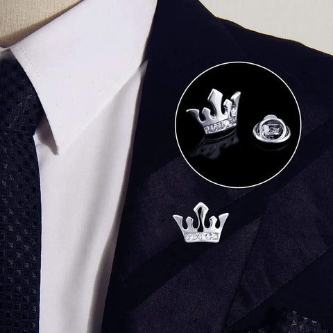 120 Pairs Fresh Silver Butterfly Clutch Tie Tacks With Quick Spring Lock Pin Backs For Zero Fuss Earring Security That Are Totally Solid And Dope For Snapping On Your Go To Accessories Or Daily Street Style Vibes, featuring a silver crown pin on a lapel.