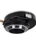 Tilt Shift Lens Mount Adapter From Bronica SQ Lenses To Nikon F Mount SLR Body With Twenty Millimeter Total Shift 10 Degree Tilt 360 Degree Rotation High Precision Build For Vintage Lenses Pro Grade Durability 2 Year Limited Warranty black metal adapter, side view with shift lever