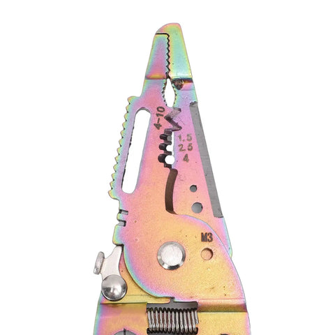 Close-up of pointed mouth wire stripper and cable cutter with high hardness blades for electrical, HVAC, and industrial use.