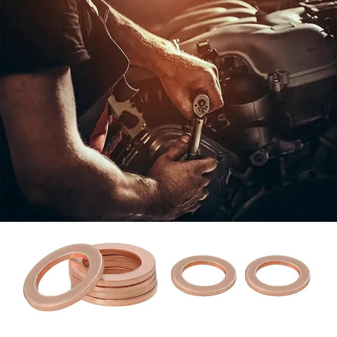 Mechanic using tool with Oil Drain Plug Gasket Set 14mm Copper Crush Washers 10 Pack for leak prevention below.