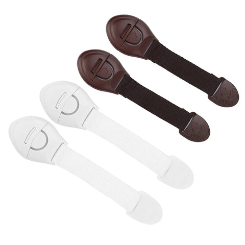 Easy Peasy Baby Proofing Locks 4 Pack For Cabinets, Drawers, And Fridge Belt Design Adhesive Safety Locks, brown and white locks