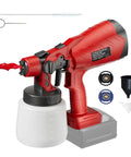 Cordless Hvp Paint Sprayer With 1000Ml Cup And 30000 Rpm Copper Motor delivering red paint mist, ideal for furniture and wall painting.