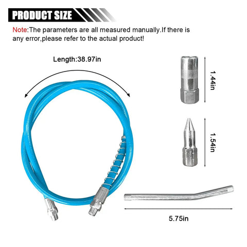 Spring Guard Flex Grease Gun Hose One Eighth Inch NPT Thread Extension Thirty Nine Inch Long Non Slip With Six Inch Angled Tube Grease Couplers And Sharp Type Nozzle Heavy Duty 10000 PSI High Pressure Grease Gun Accessories Kit Two Pack components displayed on white background.