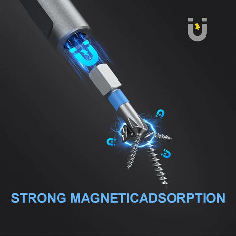 Close-up of 24-In-1 Magnetic Screwdriver Set With Detachable Ratchet Handle showing strong magnetic adsorption with screws.