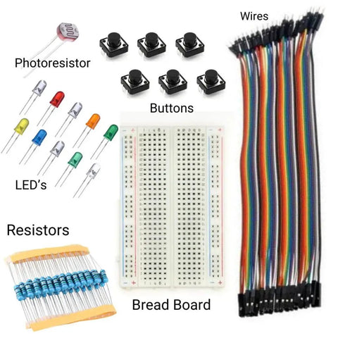 IDE Compatible STEM Learning Kit For Beginners Adventure Kit Cogsworth City components including breadboard, LEDs, wires.
