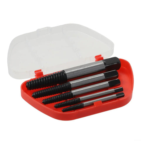 Ultimate 5-Piece Screw Extractor Set For Grabbing Stuck Bolts Fast, Premium Hardened Carbon Steel Drill Bits Removal Tool Kit For Broken Fasteners And Stripped Hardware From 3mm Up To 18mm With Durable Case Included. 5-piece set in red case