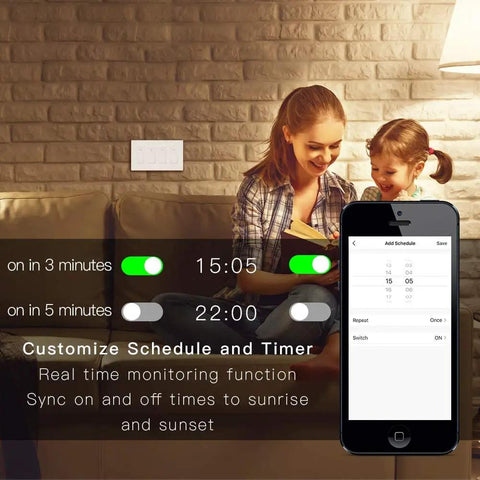 Woman and child using 4 Gang WiFi Smart Light Switch No Screw Panel Single Pole with Alexa Google Home app control on phone