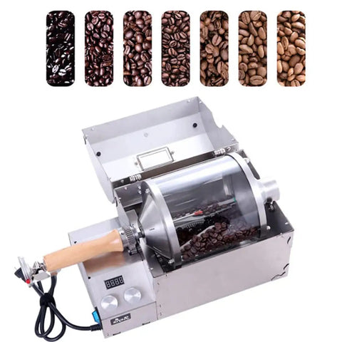 Fully Automatic Coffee Roaster With Heavy Stainless Steel Drum, Electric Bean Roasting Machine with quartz drum and coffee beans inside.