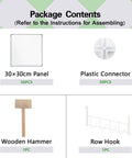 Package contents with panels, connectors, wooden hammer, row hook for Modular Cube Storage Organizer For Home And Bedroom 16 Cube DIY Closet Shelves System Totally Big Capacity Plastic Cubes To Tidy Books Toys Bags Plants CDs And More Easy Assembly Modern Look Perfect For Moms And Dads.