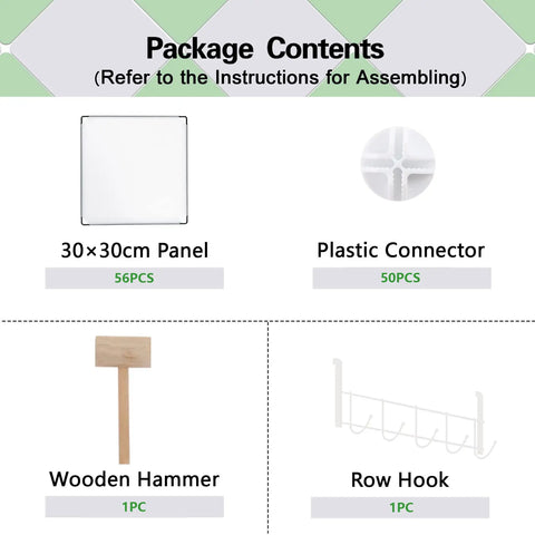 Package contents with panels, connectors, wooden hammer, row hook for Modular Cube Storage Organizer For Home And Bedroom 16 Cube DIY Closet Shelves System Totally Big Capacity Plastic Cubes To Tidy Books Toys Bags Plants CDs And More Easy Assembly Modern Look Perfect For Moms And Dads.