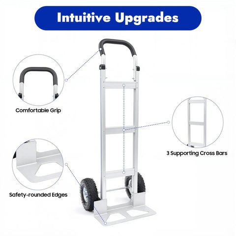 Heavy Duty Hand Truck With 500 Pound Capacity And 10 Inch Rubber Wheels features a comfortable grip and safety-rounded edges.