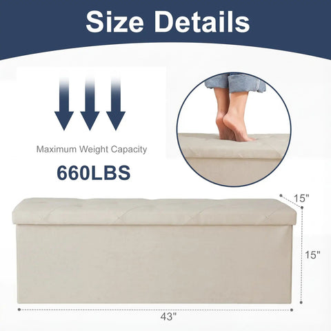 Size details for Foldable Storage Ottoman Bench With Padded Seat And Built In Chest End Of Bed Foot Rest Stool 43x15x15 inches.