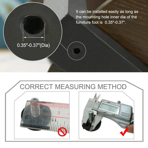 Image showing installation and measurement guide for 4 Pack M10 Adjustable Leveling Feet Screw On Floor Protectors For Home Furniture Legs Desks Tables And Sofas, 25mm Thread Length, 35x11mm Base, Easy Install.