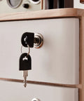 Solid Wood Desk Organizer With Lockable Drawers For Home Office Storage And File Organization, close-up of key in lock